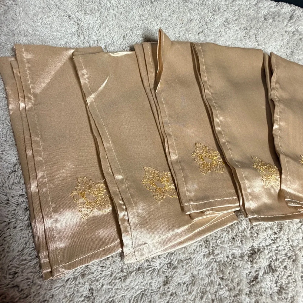 Vintage Set 6 Champagne Satin Dinner Napkins‎ 17x17 Gold Embroidered Floral READ